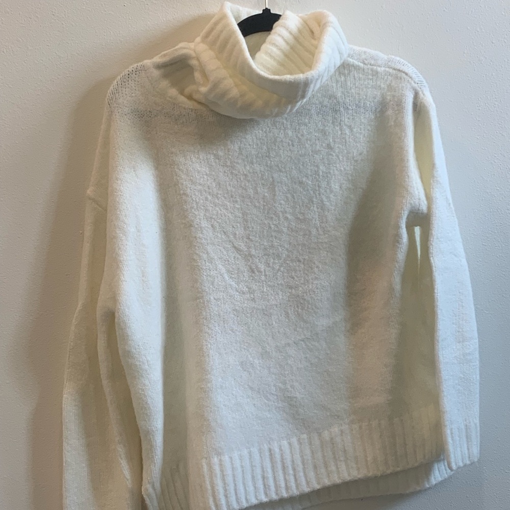 Olivaceous White Cowl Turtleneck Sweater Plush Knit